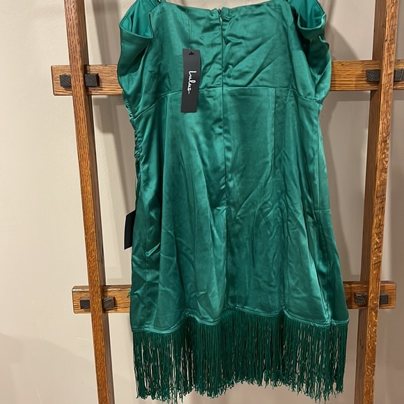 Best Fringe Forever Green Fringe Satin Mini Dress - Picture 5 of 5